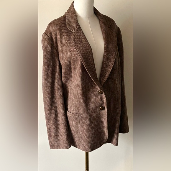 Vintage Brown Tan‎ Neutral Herringbone Wool Blazer Classic Equestrian Old Money - Picture 8 of 16